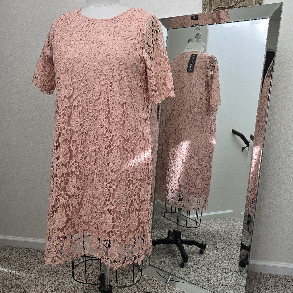 Nina Leonard Pink Sheath Dress Short Sleeve Crew Neck